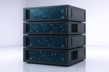 Modern data server rack with illuminated digital circuitry representing technology infrastructure.
