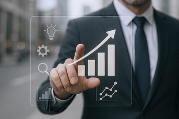 Businessman touching transparent digital interface with growth chart and upward arrow.