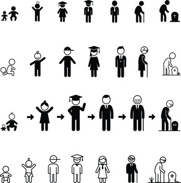 Life Cycle and Aging Process Vector Icon Set, Stages of Human Life Pictogram