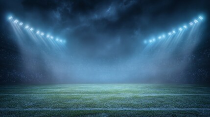 Digital football stadium with empty green grass field illuminated by blue spotlights at night, futuristic sport arena concept, 3D rendering background for broadcast, advertising or design template