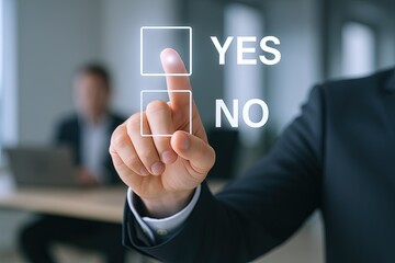 Businessperson selecting yes or no option on digital interface during meeting.