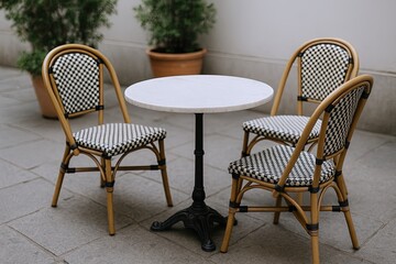 Fototapeta premium Elegant outdoor cafe table with four woven wicker chairs and potted plants.