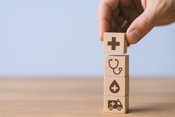 Hand stacking wooden blocks with medical and health symbols on a light background.
