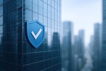 Modern cybersecurity concept with shield and checkmark symbol on glass building facade.