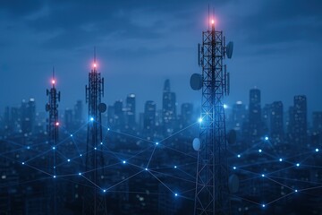 Modern telecommunications towers with city skyline under cloudy sky showcasing connectivity.
