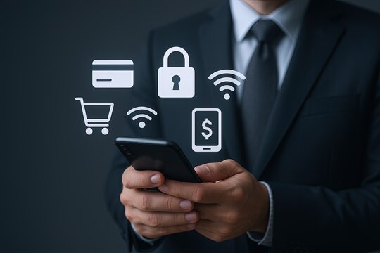 Businessman in suit holding smartphone with digital security and online shopping icons.