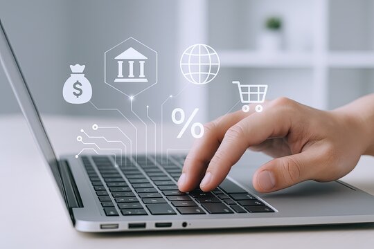 Modern digital technology and online shopping icons interacting on laptop screen.