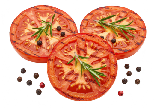 Three juicy grilled tomato slices garnished with rosemary and peppercorns, isolated on white isolated on transparent background