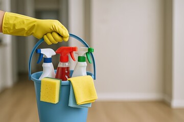 Cleaners cleaning supplies in blue bucket with yellow gloves and sponges in modern room.