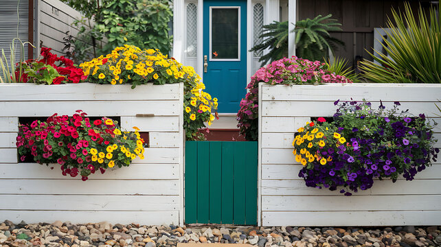 White wooden fence with colorful flowers and green gate