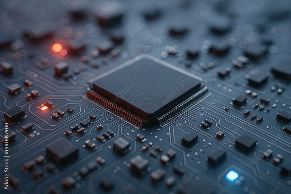 Poster close-up of a computer motherboard with central processing unit and electronic components.