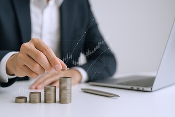 Businessman in suit analyzing financial growth chart with stacks of coins and laptop.