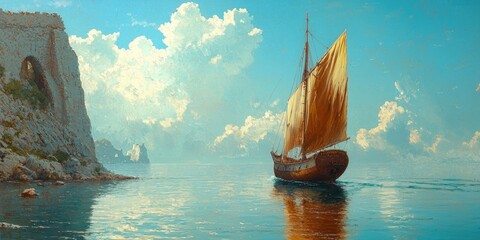 Wooden sailing ship with large white sails on calm sea during sunrise with distant mountains and scattered clouds. Generative by AI.