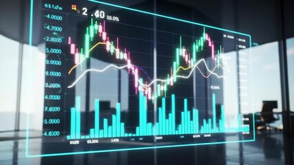 Futuristic trading dashboard animates with live charts and data in glass-walled office, 8-second seamless loop