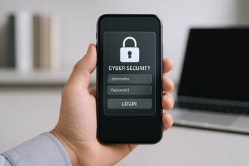 Close-up of hand holding smartphone with cyber security login screen and digital device in background.