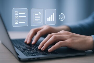 Business person typing on laptop with digital icons of data analysis and reports.