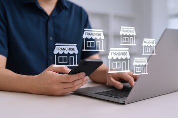 Businesswoman Using Smartphone and Laptop With Franchise Store Icons Digital Overlay.