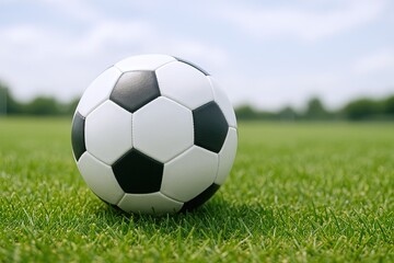 Fototapeta premium Classic black and white soccer ball resting on vibrant green grass field in daylight.