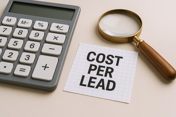Close-up of calculator magnifying glass and cost per lead paper note on table.