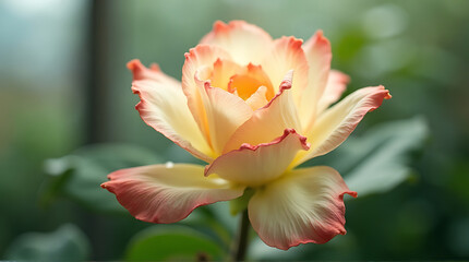 Fototapeta premium Delicate peach rose close-up on blurred green background for romantic cards and floral prints.