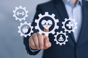 Businessman in formal suit interacting with digital healthcare icons in modern office.