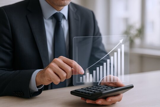 Businessman in formal suit using transparent digital tablet with growing chart.