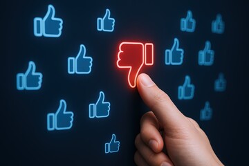 Person's finger pointing at a red thumbs down icon surrounded by blue thumbs up icons in neon style.
