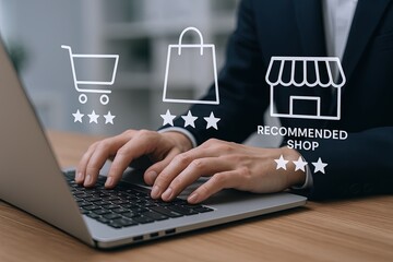 Business Person Shopping Online Using Laptop with Digital Shopping Icons and Ratings.