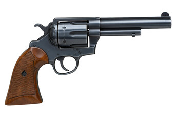 A classic revolver handgun with a wooden handle and metal frame, isolated on a transparent background