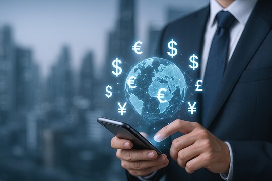 Businessman Using Smartphone with Digital Globe and Currency Symbols Overlay.