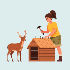 Animated Woman Building Wooden Dog House with Deer Beside It