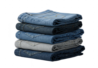 A stack of folded blue denim jeans in various shades, isolated on a transparent background