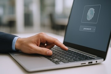 Close-up of hand using laptop with fingerprint scanner for security authentication.