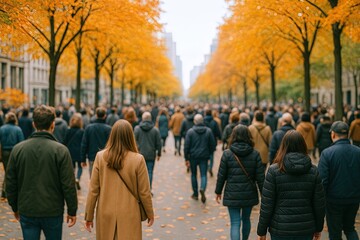 Obraz premium Bustling city street filled with diverse people walking among vibrant orange autumn trees during daytime.
