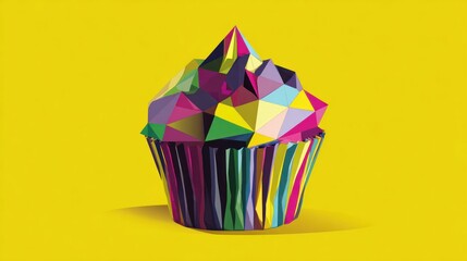 Colorful geometric cupcake on yellow background