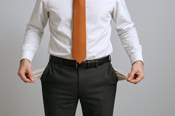 Businessman with empty pocket opened revealing no money or cash in suit pants.