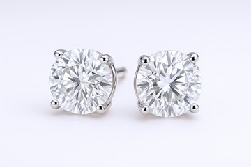 Elegant round diamond stud earrings with sterling silver setting on white background.
