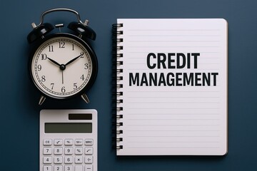 Alarm clock and notepad with credit management text on dark background.