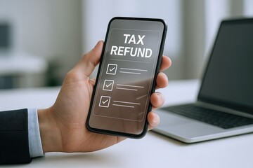 Smartphone with Tax Refund Application and Checklist Display in Office Environment.