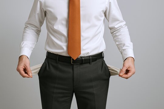 Businessman with empty pocket opened revealing no money or cash in suit pants. - Powered by Adobe
