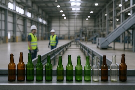 Industrial brewery production line with glass bottles and workers in safety gear.