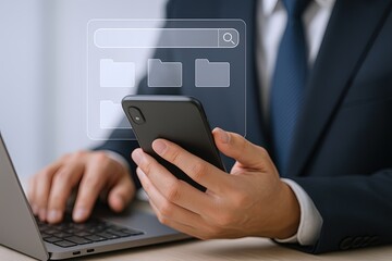 Businessman using smartphone with digital folder icons overlay and laptop in office.