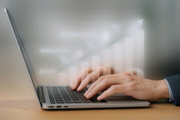Businessman working on laptop with digital growth analysis and productivity icons.