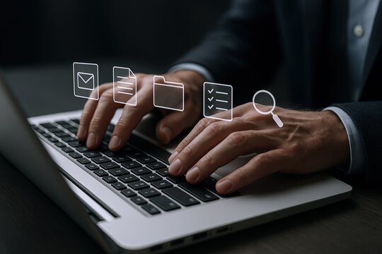 Business professional typing on laptop computer with digital interface icons floating above.
