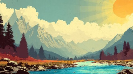 Colorful mountain landscape with a flowing river