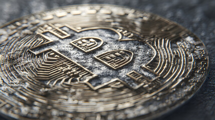 Close-up View of a Bitcoin Coin: Digital Currency and Blockchain Technology