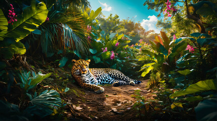 an animal with black spots is lying down in a lush tropical environmen