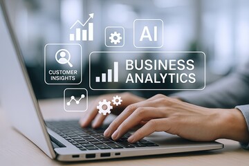 Business analytics concept with digital icons on modern workspace laptop screen.