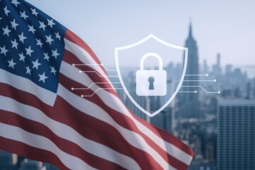 American flag waving in city skyline with digital security shield overlay.