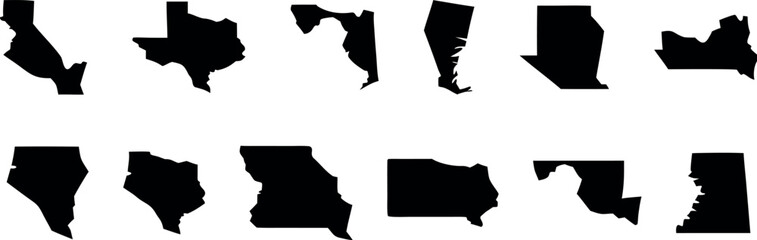 Black silhouettes showcase various United States maps for geography studies